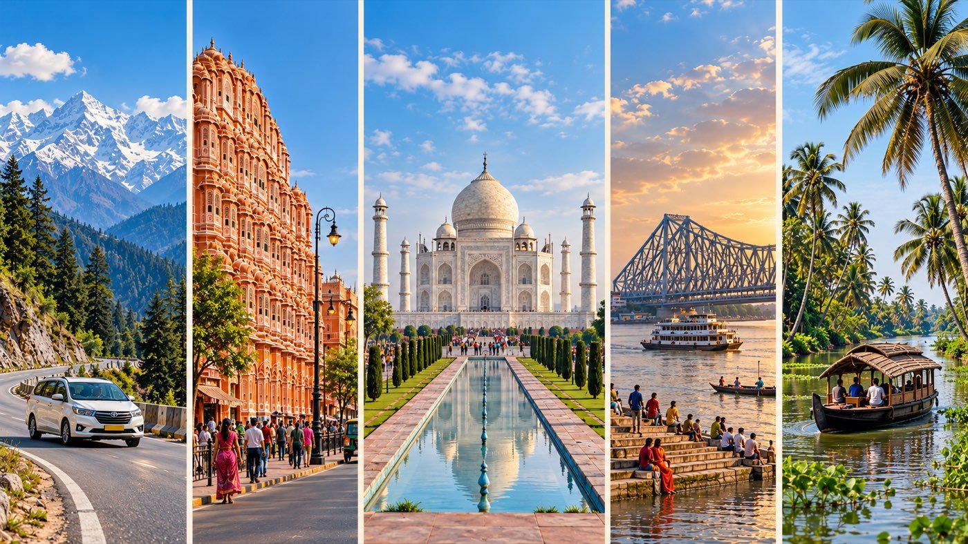 India by road: a cab on a mountain highway, Hawa Mahal in Jaipur, the Taj Mahal in Agra, Howrah Bridge in Kolkata and a Kerala houseboat